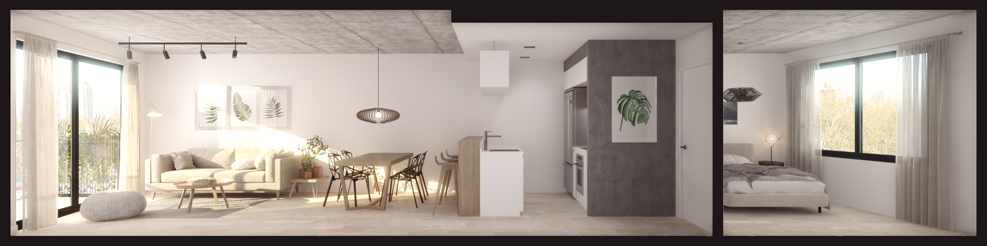 corte interior, depto, departamento, dormitorio, departamento 2 ambientes, render corte departamento