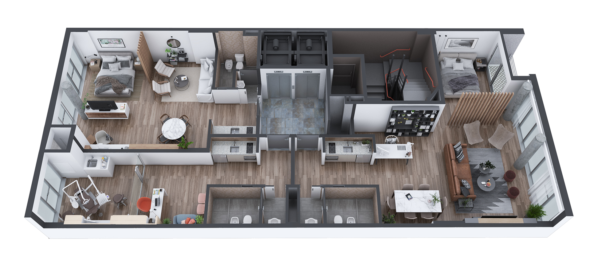 corte interior, edificio, planta, departamentos, monoambientes, render, corte, planta perspectivada