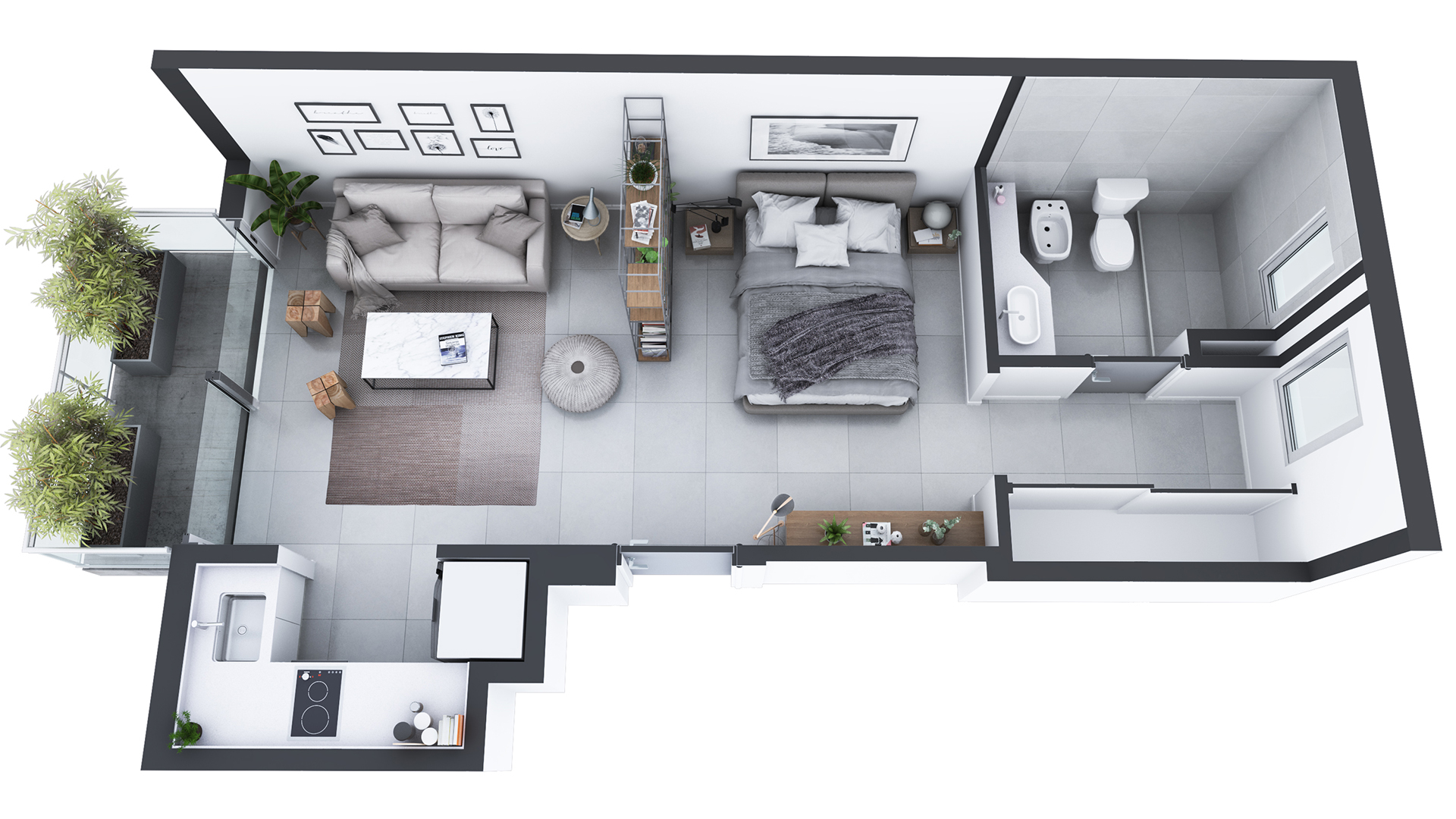 corte interior, edificio, planta, departamentos, monoambientes, render, corte, planta perspectivada