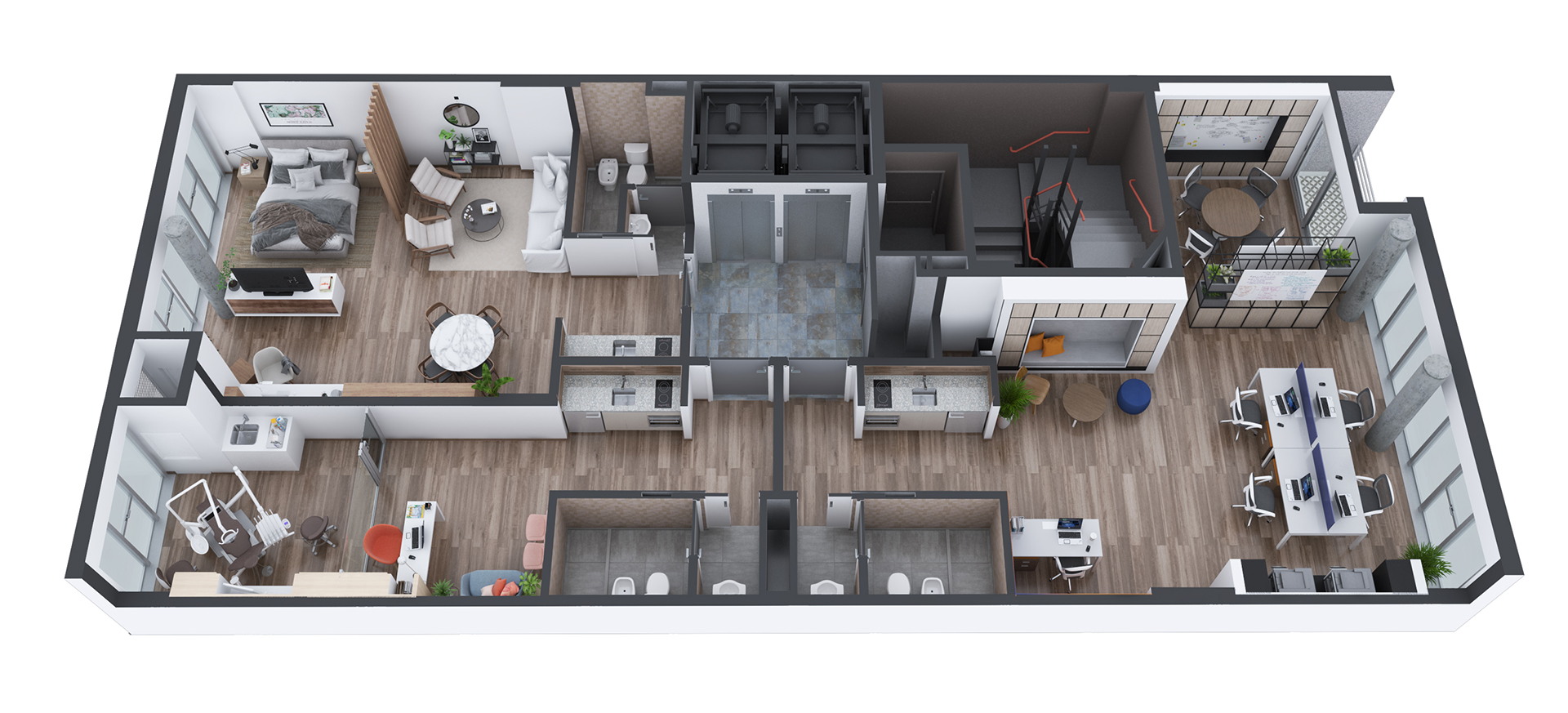 corte interior, edificio, planta, departamentos, monoambientes, render, corte, planta perspectivada, humanizada, planta