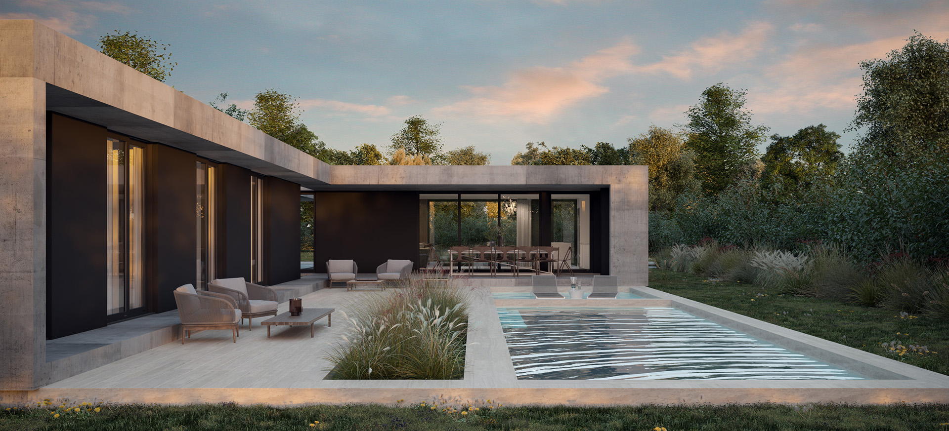 render, casa, exterior, diurno, diurna, tarde, atardecer, imagen, 3d