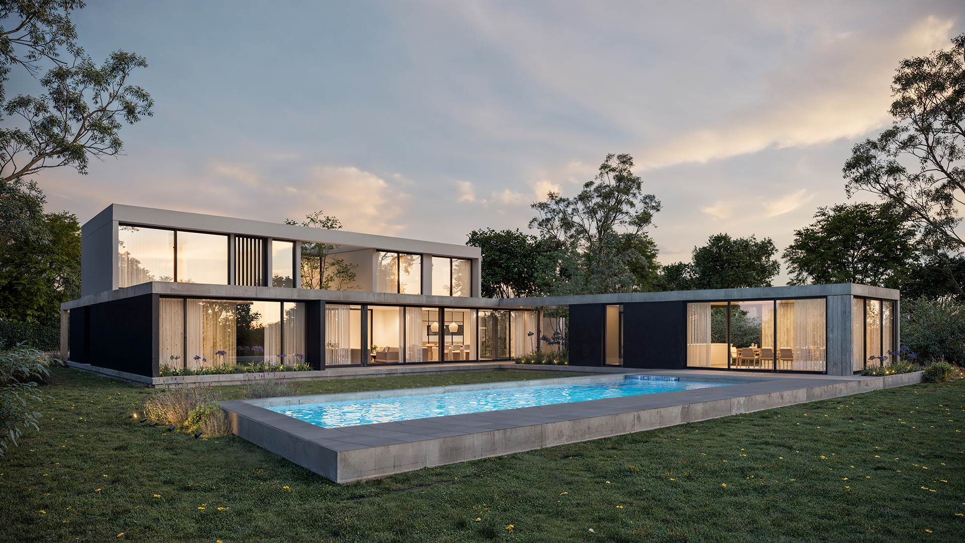 Render exterior residencial de atardecer en Neuquen