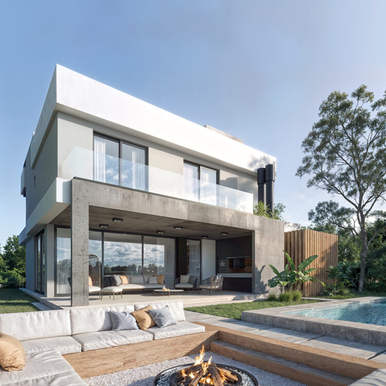 Render exterior residencial diurno con fogon