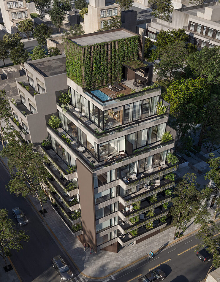 Render exterior semiaereo para desarrollo inmobiliario residencial