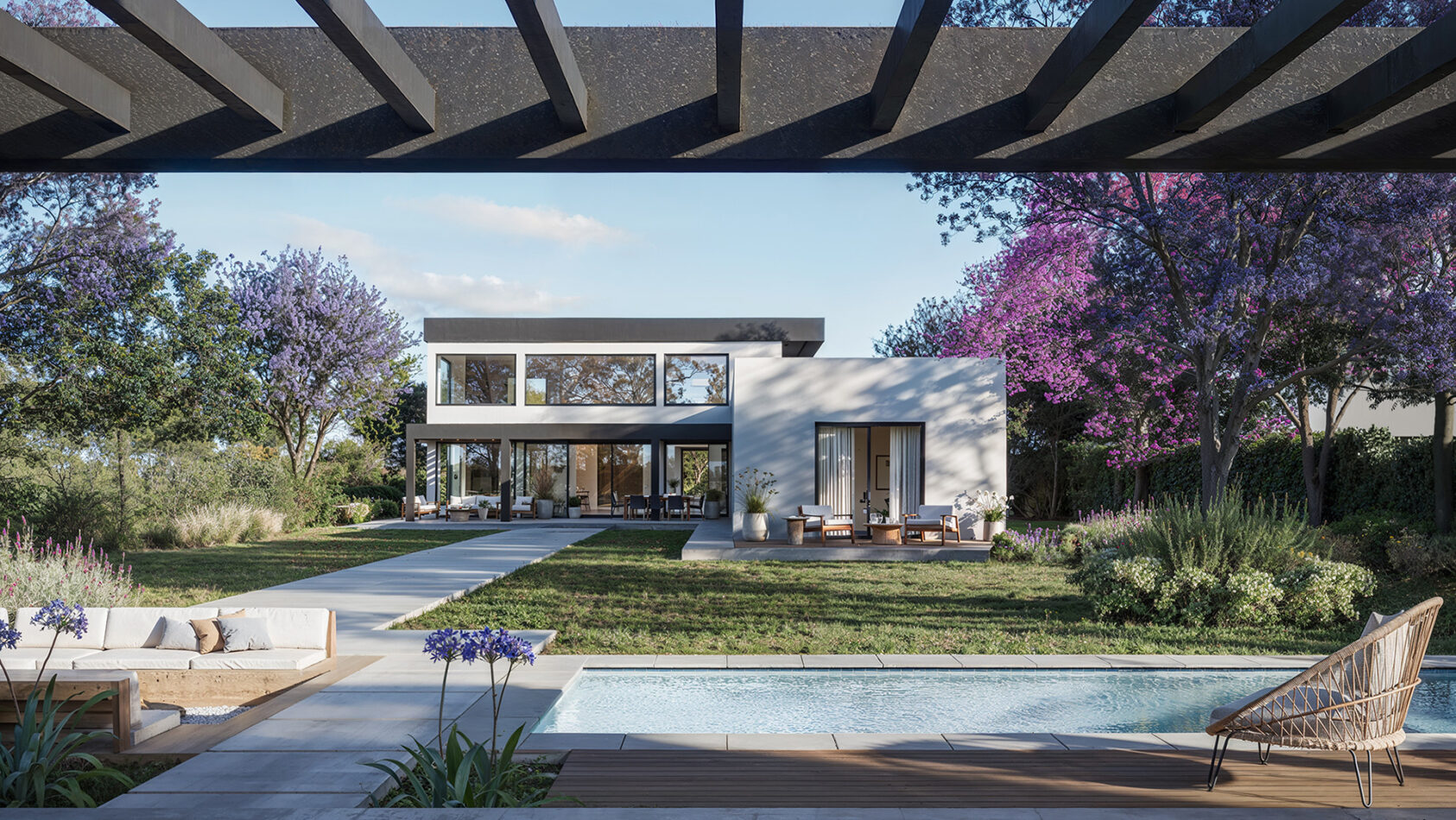 Render galeria de vivienda unifamiliar con pileta