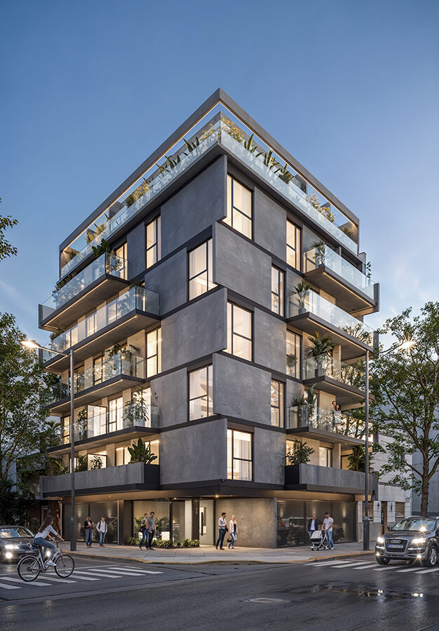 Render exterior nocturno para desarrollo inmobiliario residencial