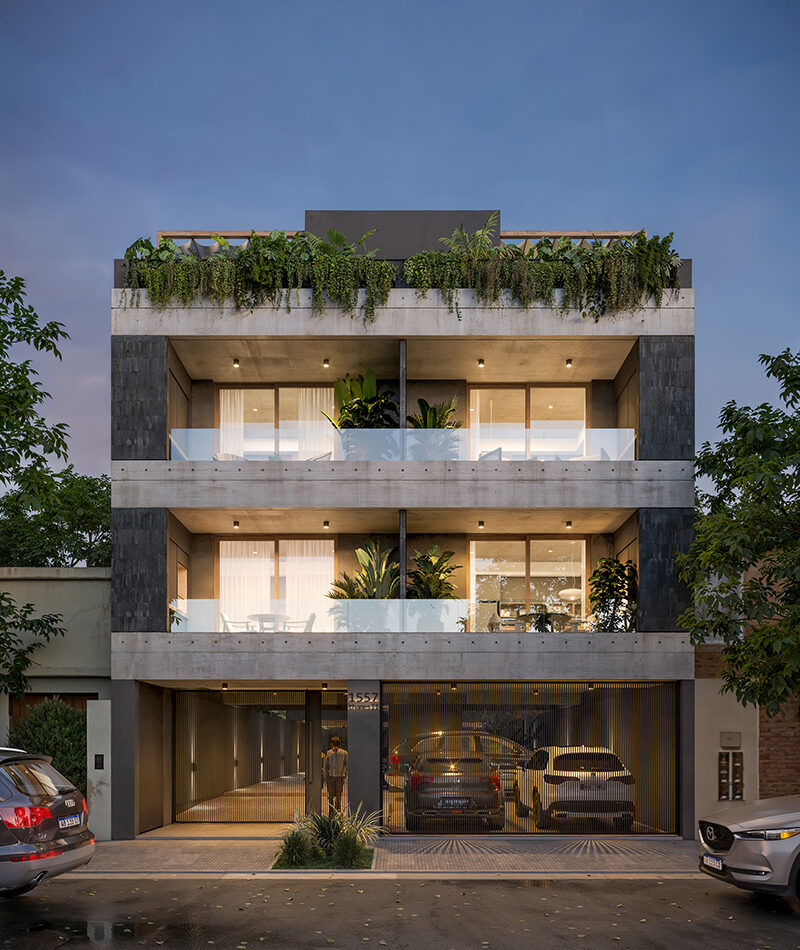 render de edificio de viviendas al anochecer