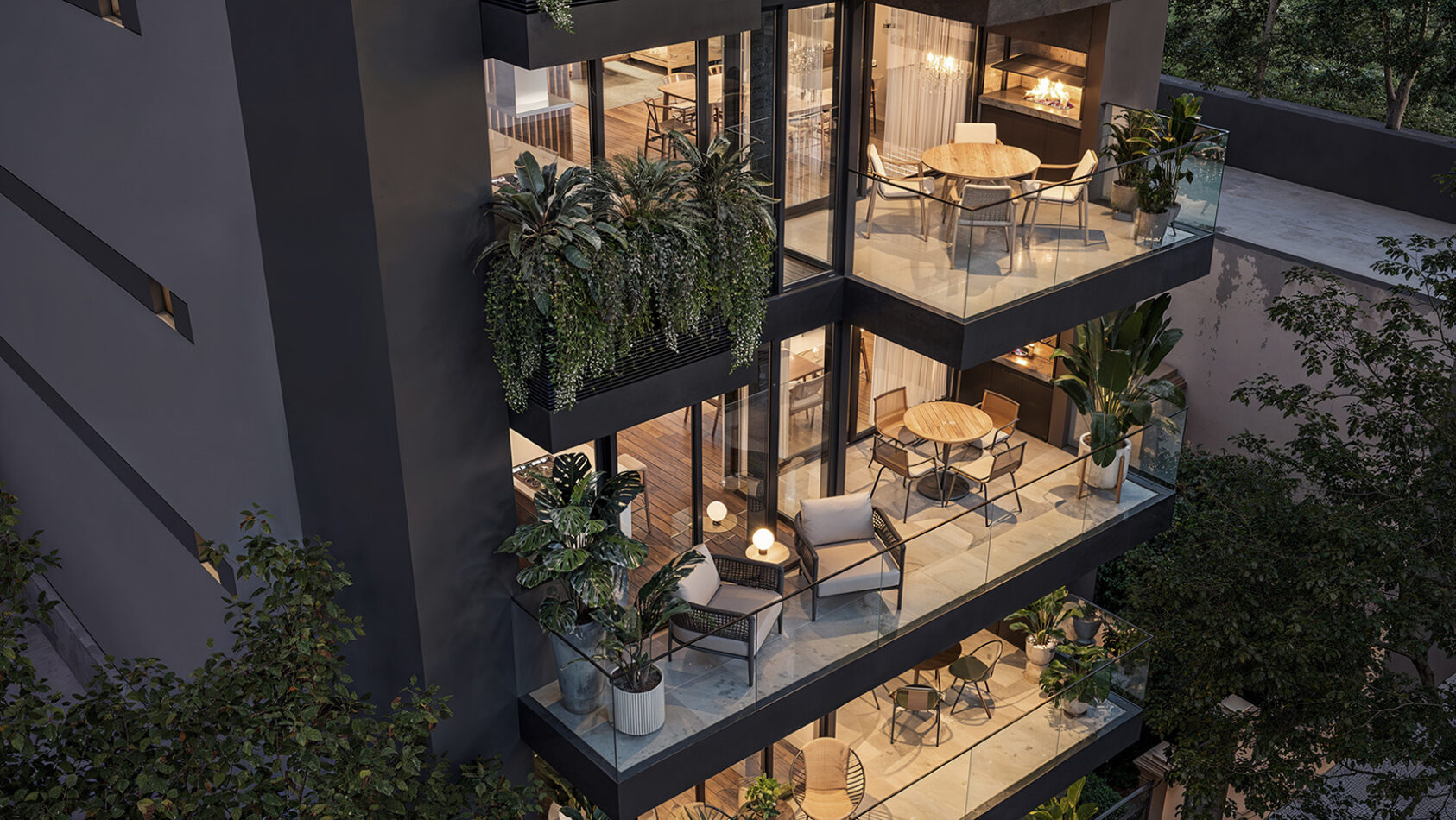 Render semiaereo de blacones de edificio en ciudad de buenos aires