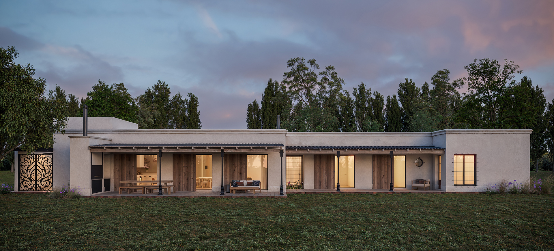 Render de casa de campo al anochecer