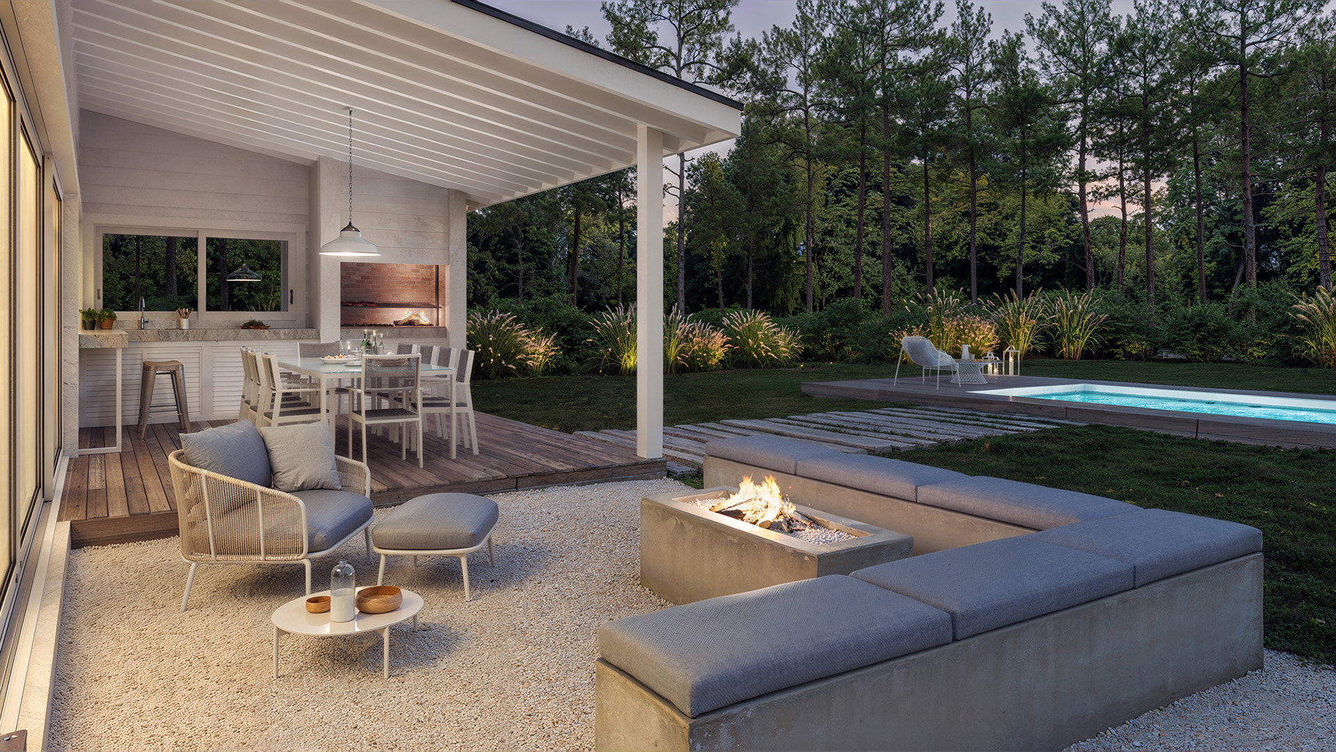 Render de galeria con fogon de casa en la playa