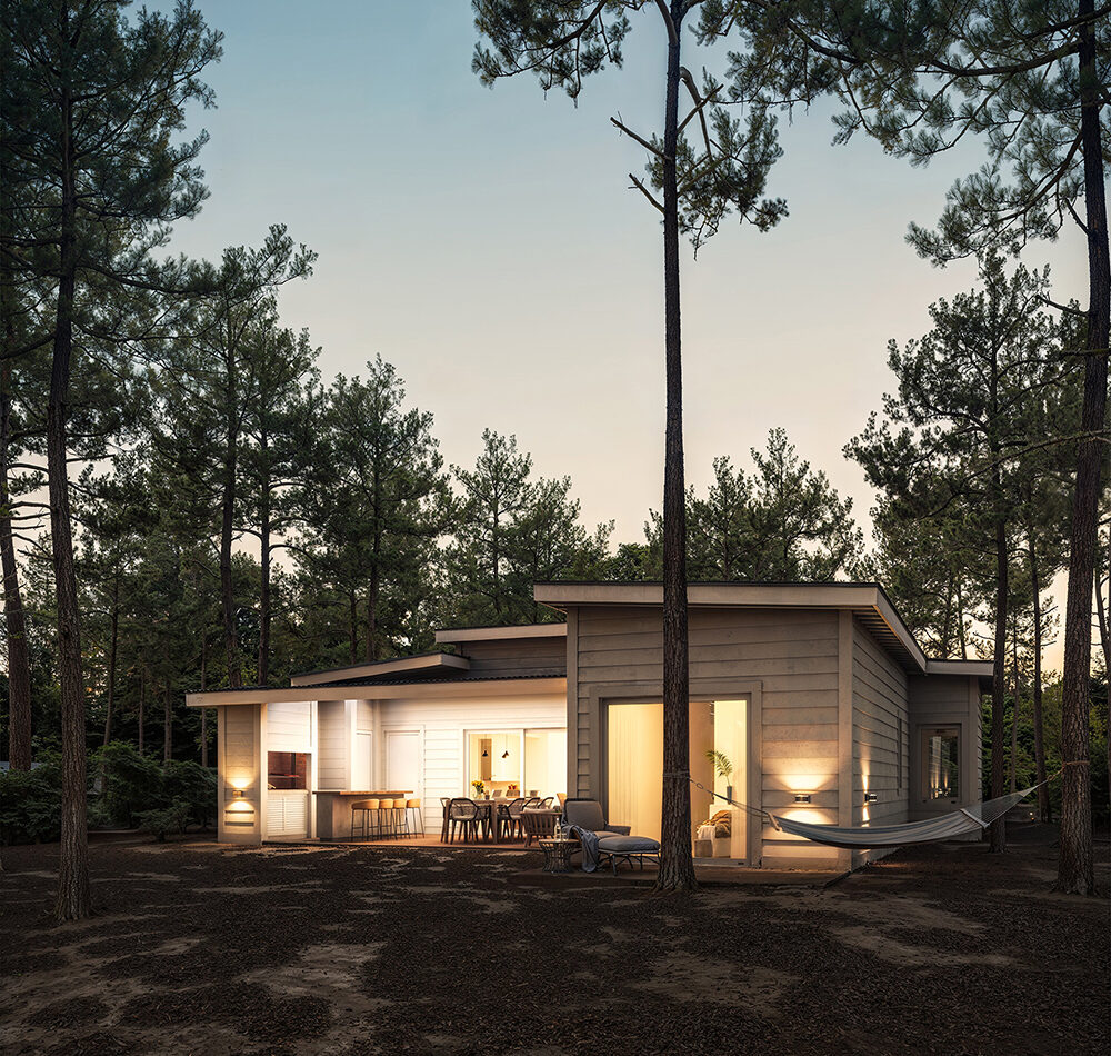 Render contrafrente coturno de casa en la playa