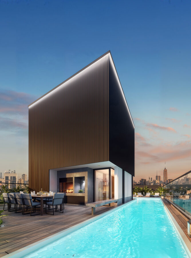 Render de amenities en desarrollo inmobiliario