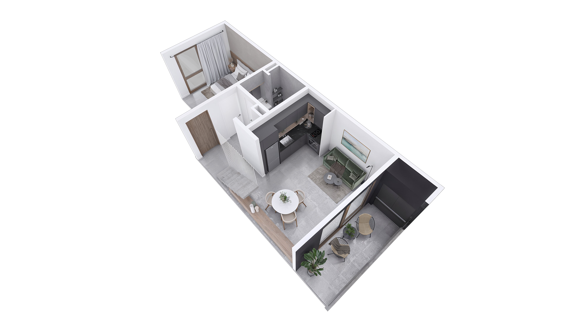 corte interior, depto, departamento, dormitorio, departamento 2 ambientes, render corte departamentos planta perspectivada