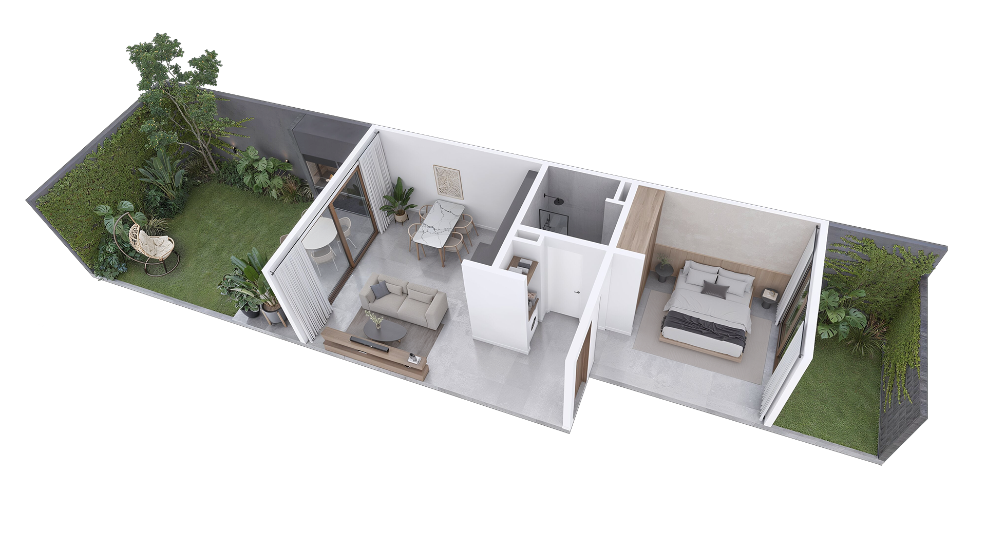 corte interior, depto, departamento, dormitorio, departamento 2 ambientes, render corte departamentos planta perspectivada